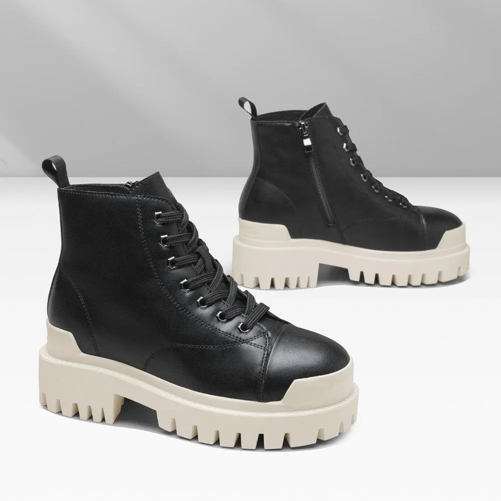 8CM/3.15 Inches CMR CHAMARIPA Black Cowhide Leather Elevator Boots For Women
