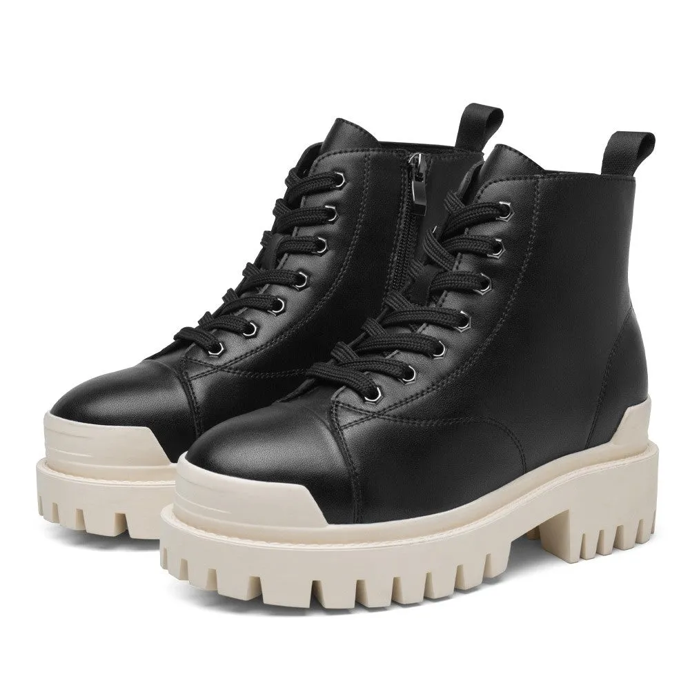 8CM/3.15 Inches CMR CHAMARIPA Black Cowhide Leather Elevator Boots For Women