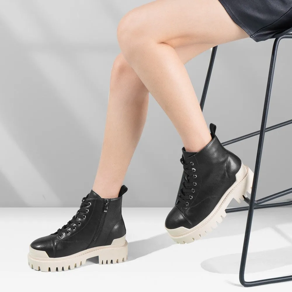 8CM/3.15 Inches CMR CHAMARIPA Black Cowhide Leather Elevator Boots For Women