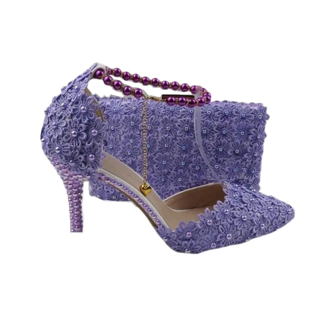 BAYA Women's Fashion Elegant Multi-Color Rainbow Flower Lace Design Wedding Shoes with Matching Handbag