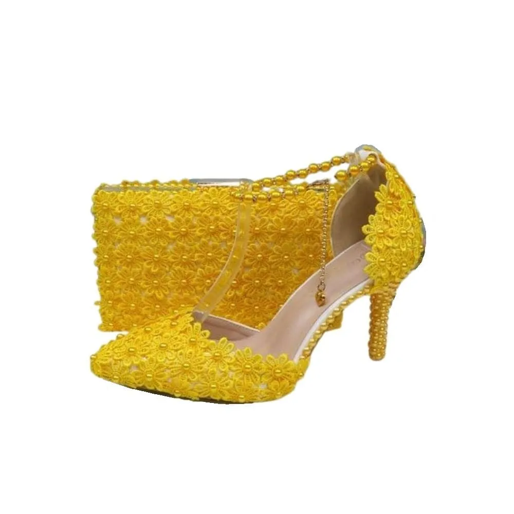 BAYA Women's Fashion Elegant Multi-Color Rainbow Flower Lace Design Wedding Shoes with Matching Handbag