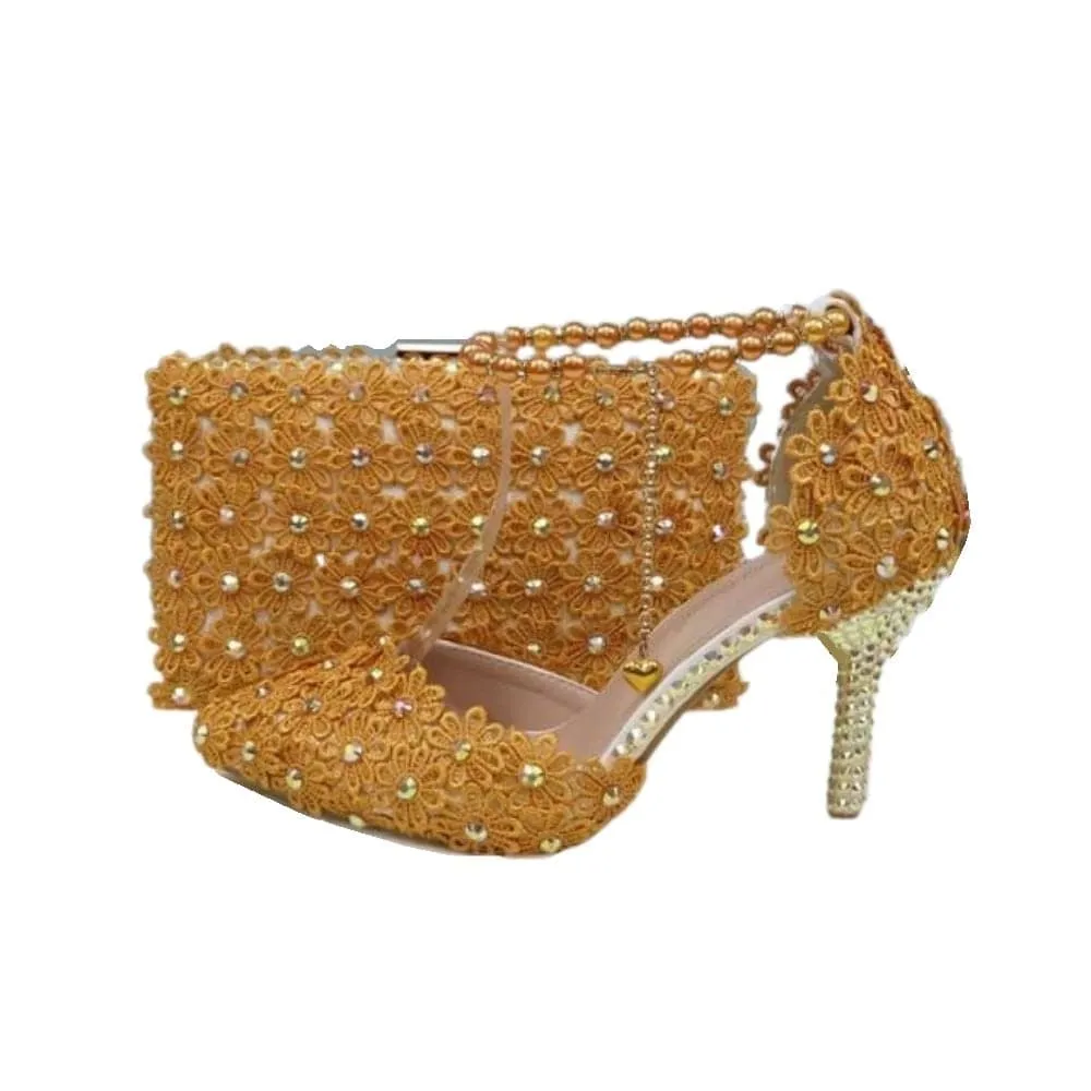 BAYA Women's Fashion Elegant Multi-Color Rainbow Flower Lace Design Wedding Shoes with Matching Handbag