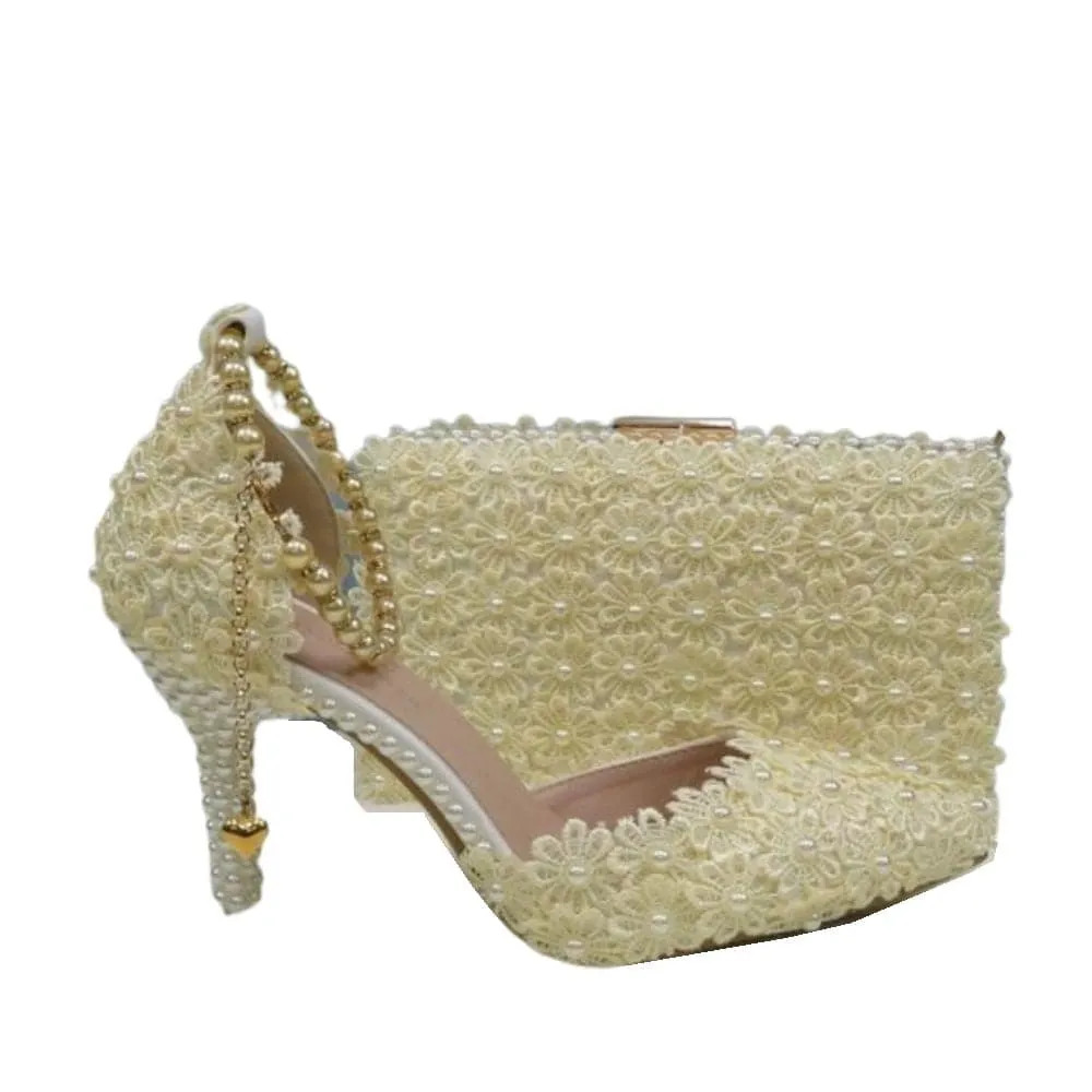 BAYA Women's Fashion Elegant Multi-Color Rainbow Flower Lace Design Wedding Shoes with Matching Handbag