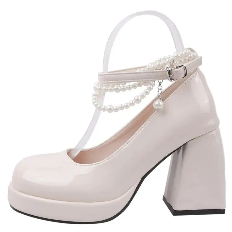 Hnzxzm Pearl Ankle Strap Platform Pumps Women New Patent Leather High Heels Mary Janes Woman Elegant Chunky Heeled Party Shoes