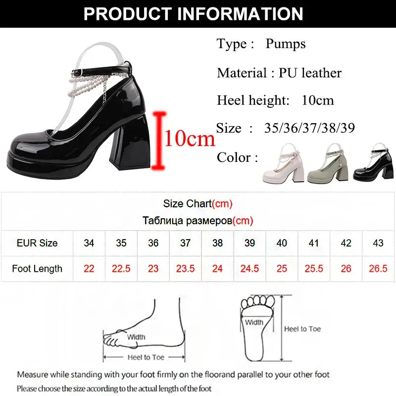 Hnzxzm Pearl Ankle Strap Platform Pumps Women New Patent Leather High Heels Mary Janes Woman Elegant Chunky Heeled Party Shoes