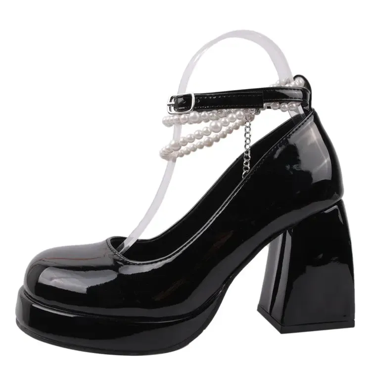 Hnzxzm Pearl Ankle Strap Platform Pumps Women New Patent Leather High Heels Mary Janes Woman Elegant Chunky Heeled Party Shoes
