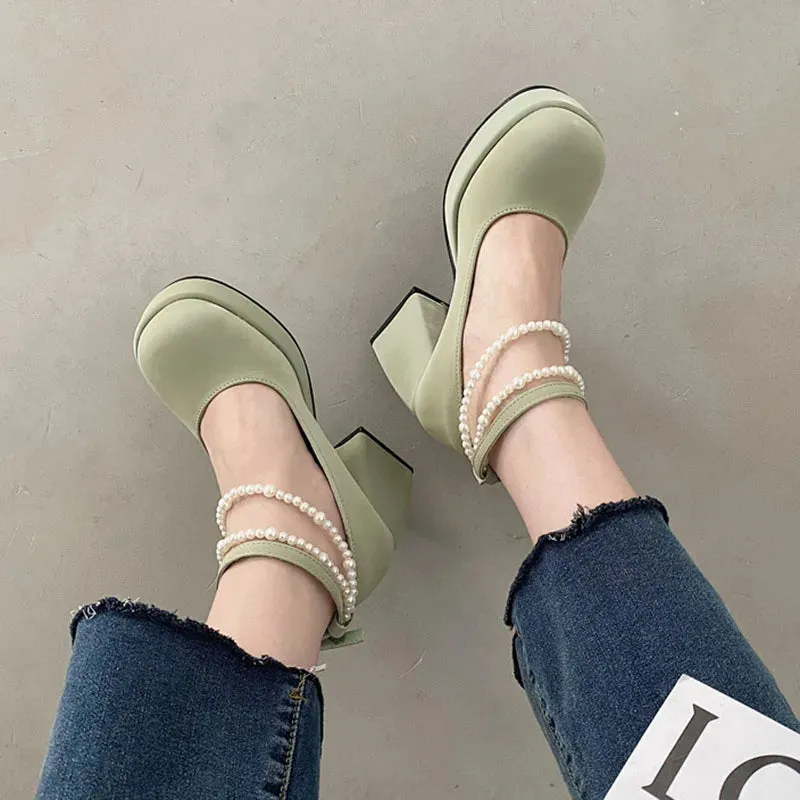 Hnzxzm Pearl Ankle Strap Platform Pumps Women New Patent Leather High Heels Mary Janes Woman Elegant Chunky Heeled Party Shoes