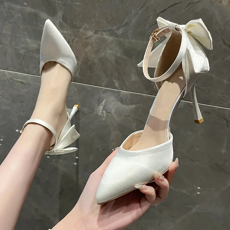 Hnzxzm White Elegant Bowknot Thin Heels Pumps Women Pointed Toe Ankle Strap Wedding Party Shoes Woman Silk Super High Heels Bride Shoes