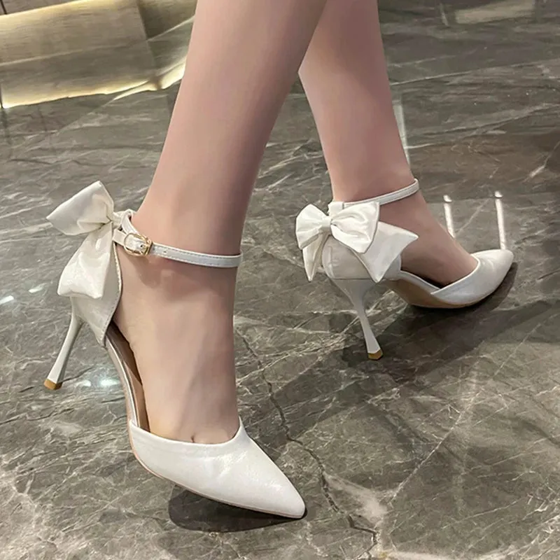 Hnzxzm White Elegant Bowknot Thin Heels Pumps Women Pointed Toe Ankle Strap Wedding Party Shoes Woman Silk Super High Heels Bride Shoes