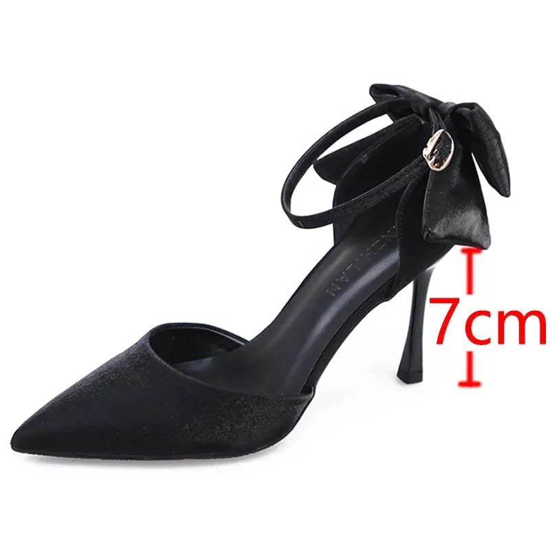 Hnzxzm White Elegant Bowknot Thin Heels Pumps Women Pointed Toe Ankle Strap Wedding Party Shoes Woman Silk Super High Heels Bride Shoes