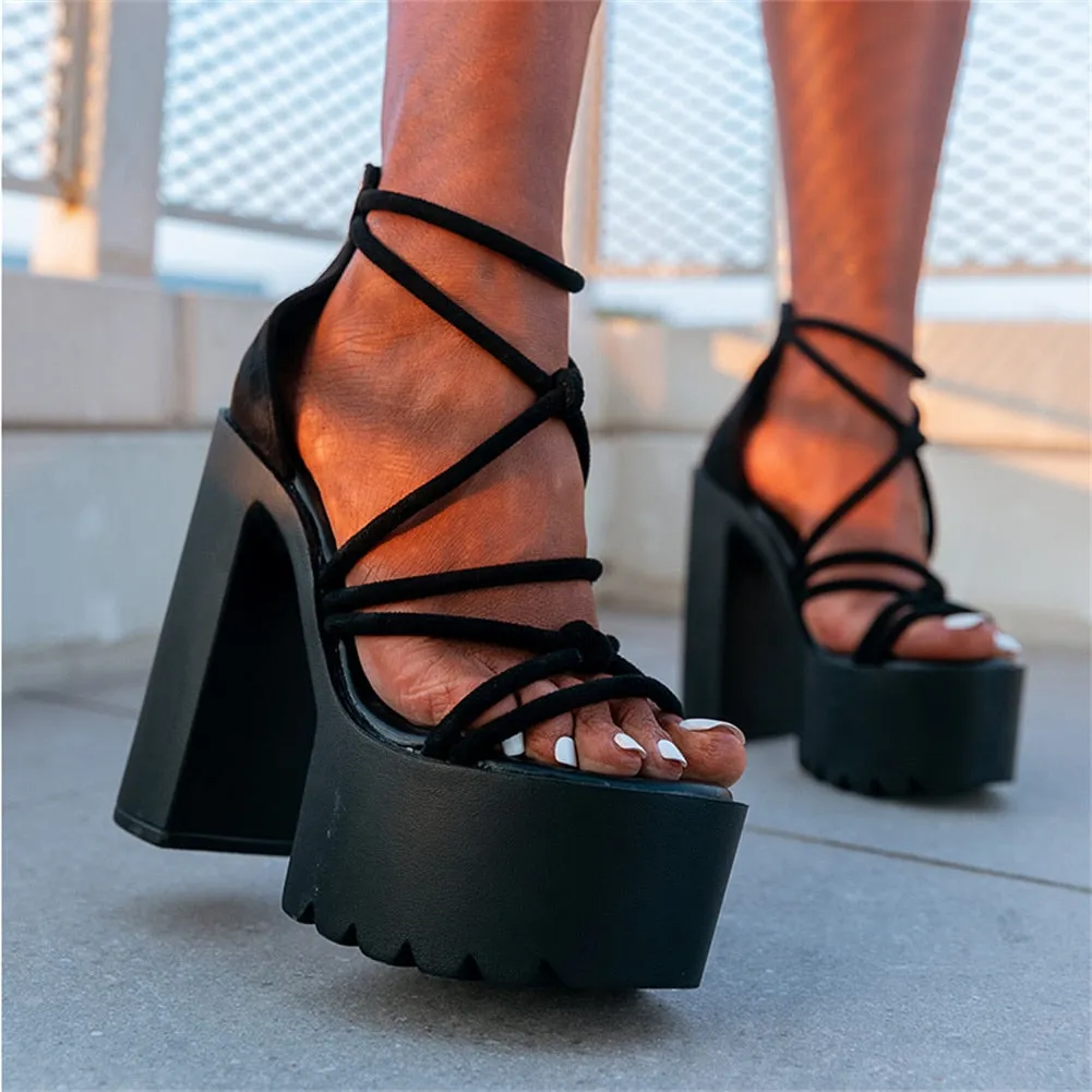 JOSKAA 2024 Spring Women's Summer Boot Block High Heeled Black White Fashionable Gothic Cool Sandals Shoes Big Size 43