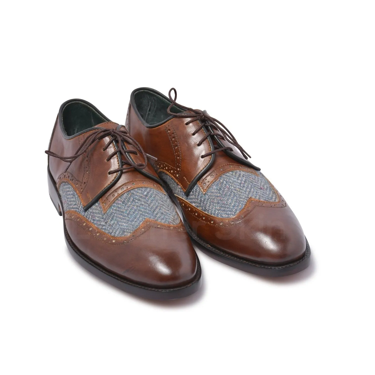 Men Brown Wingtip Derby Leather Shoes with Fabric Herringbone Vamp