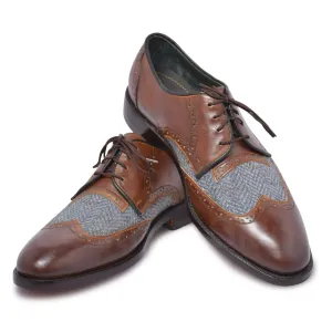 Men Brown Wingtip Derby Leather Shoes with Fabric Herringbone Vamp