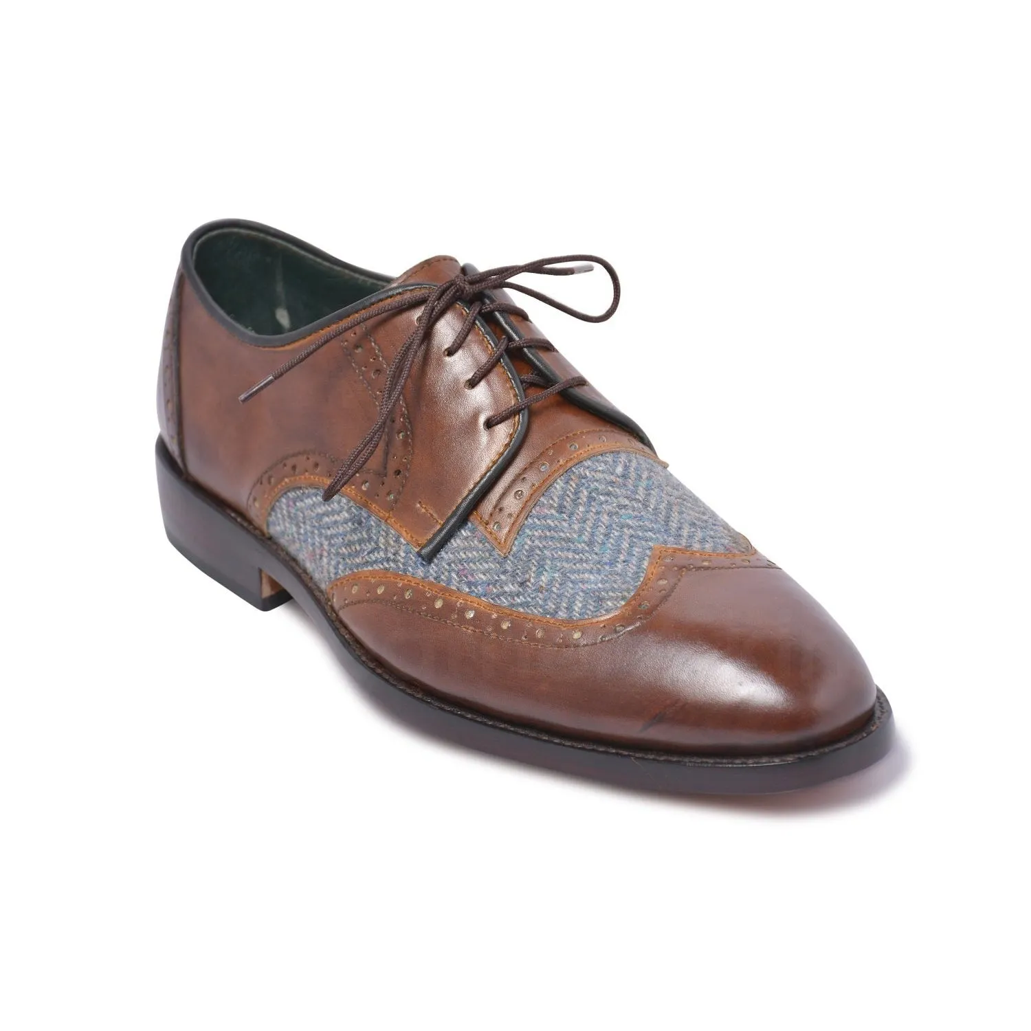 Men Brown Wingtip Derby Leather Shoes with Fabric Herringbone Vamp