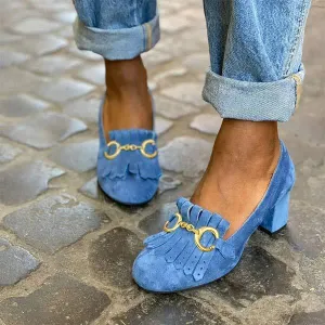 Women's Fashionable Round-Toe Fitted Suede High Heel Shoes 98183428C